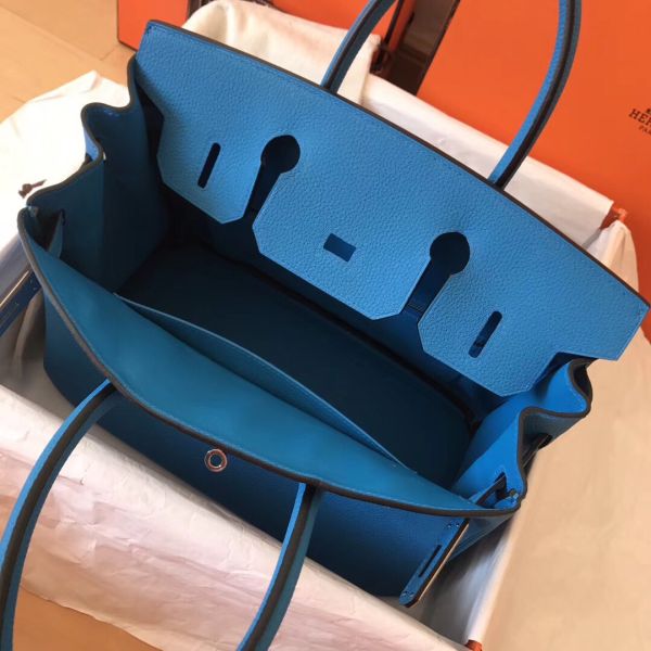 Hermes Birkin 30 Handmade Bag In Blue Zanzibar Clemence Leather - Image 4