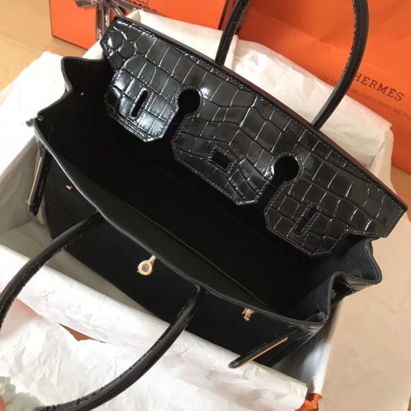 Hermes Birkin 30 Bag In Black Crocodile Porosus Shiny Skin - Image 7
