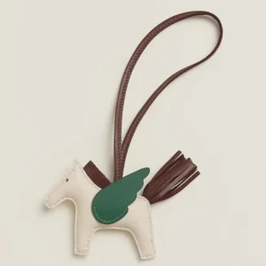 Hermes Rodeo Pegase PM Bag Charm in Craie/Chocolat/Green Lambskin