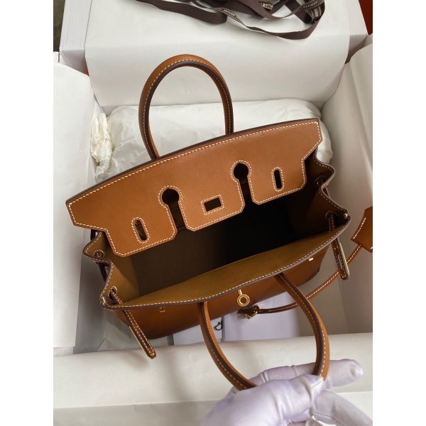 Hermes Birkin 25 Retourne Handmade Bag In Gold Barenia Calfskin - Image 5