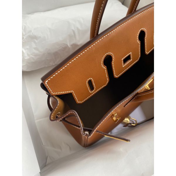Hermes Birkin 25 Retourne Handmade Bag In Gold Barenia Calfskin - Image 8