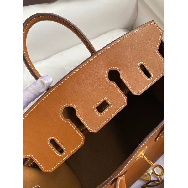 Hermes Birkin 25 Retourne Handmade Bag In Gold Barenia Calfskin - Image 9
