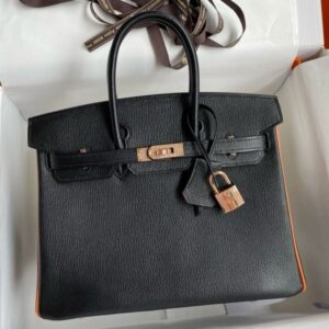 Hermes HSS Birkin 25 Bicolor Bag in Black and Orange Chevre Mysore Goatskin