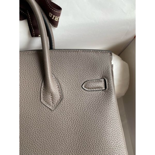 Hermes Birkin 25 Retourne Handmade Bag In Etain Clemence Leather - Image 4