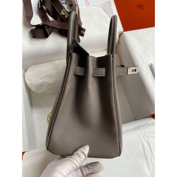 Hermes Birkin 25 Retourne Handmade Bag In Etain Clemence Leather - Image 5