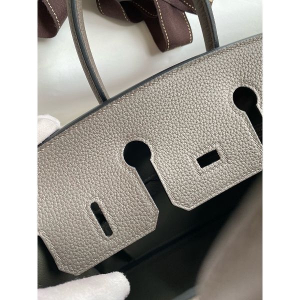 Hermes Birkin 25 Retourne Handmade Bag In Etain Clemence Leather - Image 8