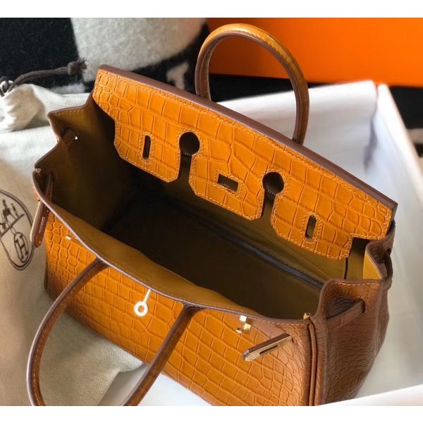 Hermes Birkin 25cm Bag In Gold Embossed Crocodile Leather - Image 6