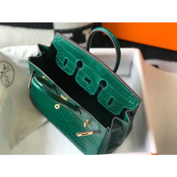 Hermes Birkin 25cm Bag In Green Embossed Crocodile Leather - Image 8