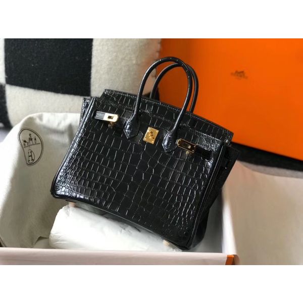 Hermes Birkin 25cm Bag In Black Embossed Crocodile Leather - Image 3
