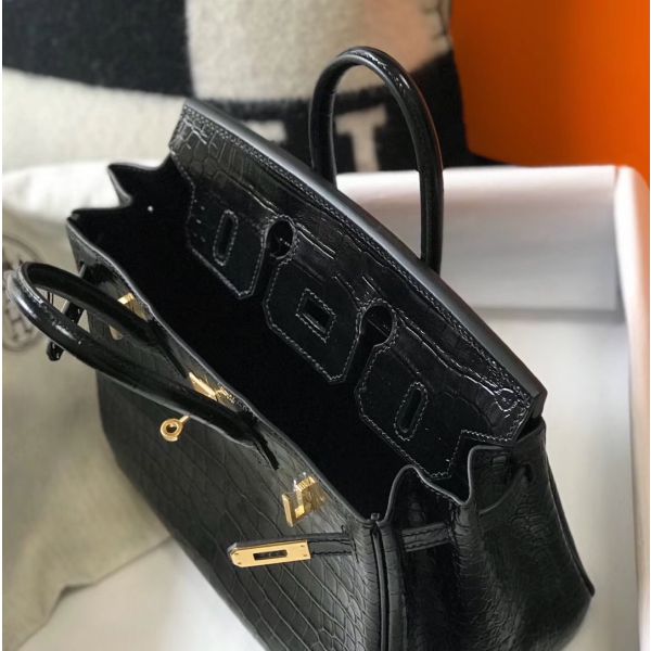Hermes Birkin 25cm Bag In Black Embossed Crocodile Leather - Image 8