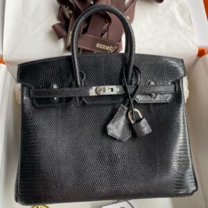 Hermes Birkin 25 Retourne Handmade Bag in Black Lizard Leather