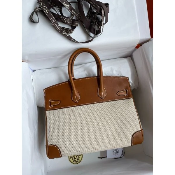 Hermes Birkin 25 Handmade Bag in Toile & Gold Barenia Calfskin - Image 2