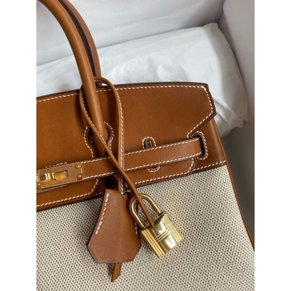 Hermes Birkin 25 Handmade Bag in Toile & Gold Barenia Calfskin - Image 3
