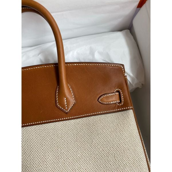 Hermes Birkin 25 Handmade Bag in Toile & Gold Barenia Calfskin - Image 4