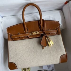 Hermes Birkin 25 Handmade Bag in Toile & Gold Barenia Calfskin