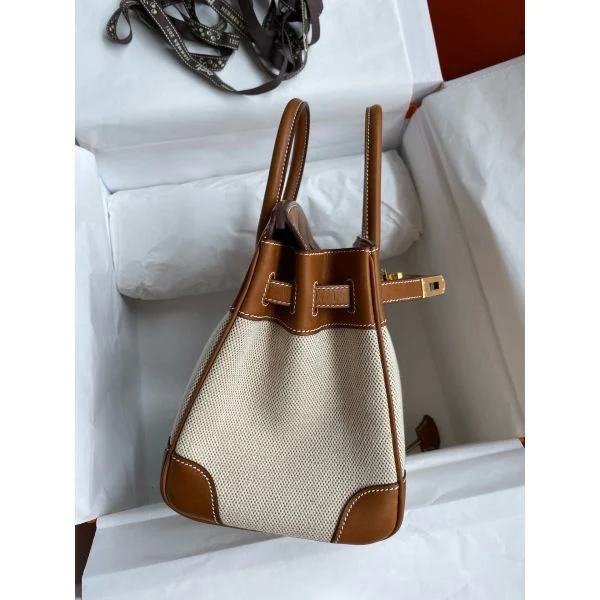 Hermes Birkin 25 Handmade Bag in Toile & Gold Barenia Calfskin - Image 5