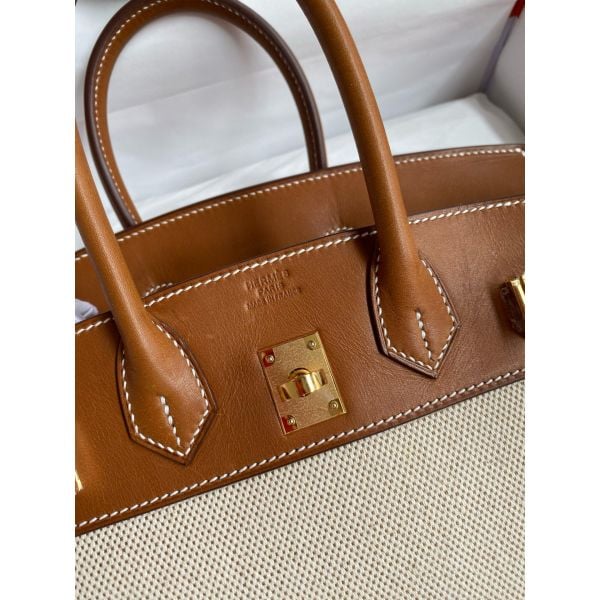 Hermes Birkin 25 Handmade Bag in Toile & Gold Barenia Calfskin - Image 6
