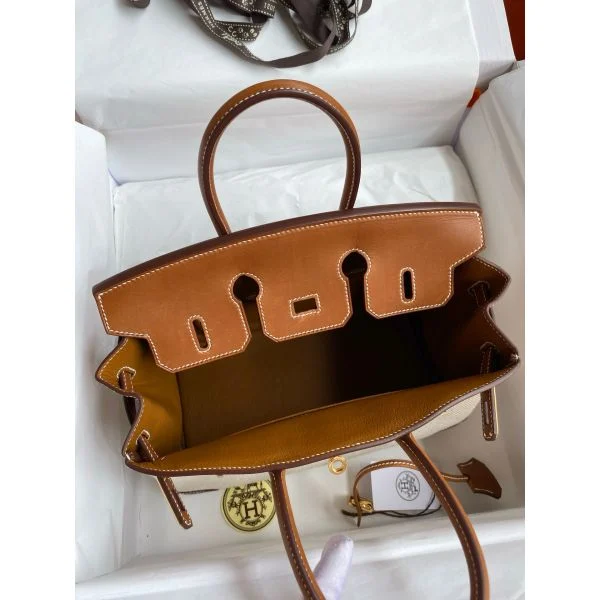 Hermes Birkin 25 Handmade Bag in Toile & Gold Barenia Calfskin - Image 7