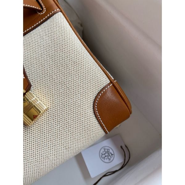 Hermes Birkin 25 Handmade Bag in Toile & Gold Barenia Calfskin - Image 9