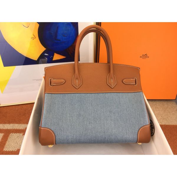 Hermes Birkin 30 Handmade Bag in Denim & Gold Swift Leather - Image 2