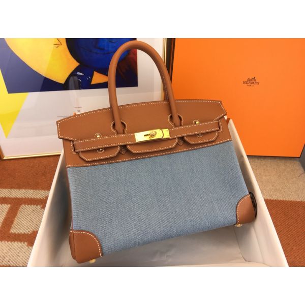 Hermes Birkin 30 Handmade Bag in Denim & Gold Swift Leather - Image 3