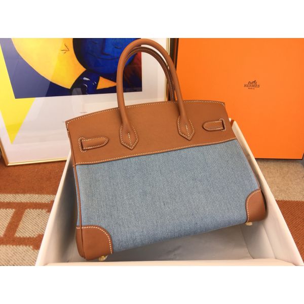 Hermes Birkin 30 Handmade Bag in Denim & Gold Swift Leather - Image 4