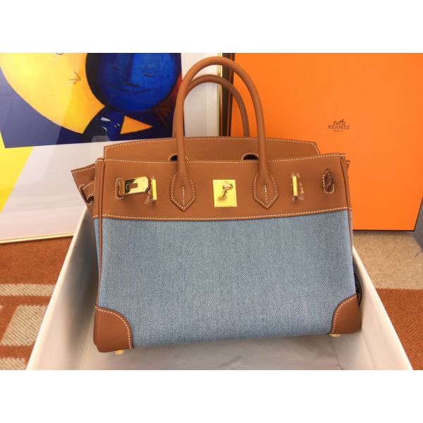 Hermes Birkin 30 Handmade Bag in Denim & Gold Swift Leather - Image 5