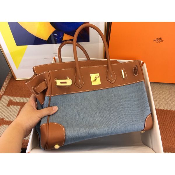 Hermes Birkin 30 Handmade Bag in Denim & Gold Swift Leather - Image 6