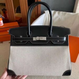 Hermes Birkin 30 Handmade Bag in Toile & Black Box Calfskin
