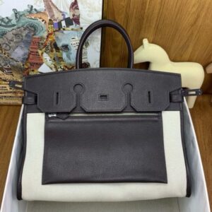 Hermes Birkin à l’envers 35 Bag in Ebene Clemence Leather and Canvas