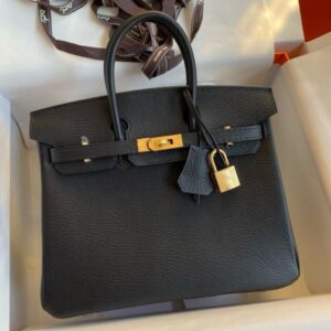 Hermes Birkin 25 Verso Retourne Handmade Bag in Noir Chevre Mysore Goatskin