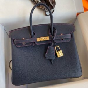 Hermes Birkin 25 Verso Retourne Handmade Bag in Blue Nuit Clemence Leather