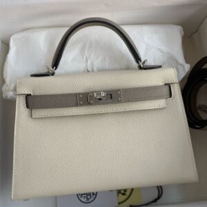 Hermes Kelly Mini II Sellier Bicolor Handmade Bag in Craie and Gris Asphalt Epsom Calfskin