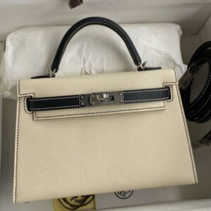 Hermes Kelly Mini II Sellier Bicolor Handmade Bag in Nata and Black Epsom Calfskin