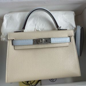 Hermes Kelly Mini II Sellier Bicolor Handmade Bag in Nata and Blue Brume Chevre Mysore Leather