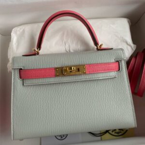 Hermes Kelly Mini II Sellier Bicolor Handmade Bag in Pearl Grey and Rose Azalee Chevre Mysore Leather