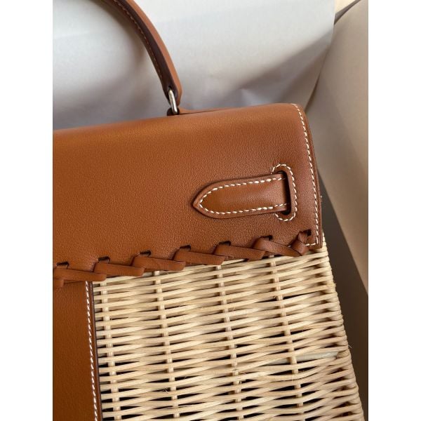 Hermes Picnic Kelly 28cm Bag in Wicker with Barenia Leather - Image 4