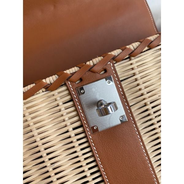 Hermes Picnic Kelly 28cm Bag in Wicker with Barenia Leather - Image 9
