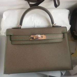 Hermes Kelly Mini II Sellier Verso Handmade Bag in Taupe and Bamboo Epsom Calfskin