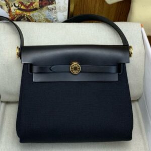Hermes Herbag Zip 20 Bag in Black Canvas and Black Hunter Calfskin