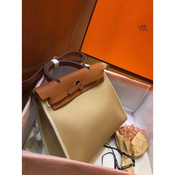 Hermes Herbag Zip 31cm Bag In Brown And Beige - Image 3