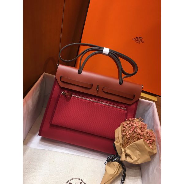 Hermes Herbag Zip 31cm Bag In Camel And Bordeaux - Image 2