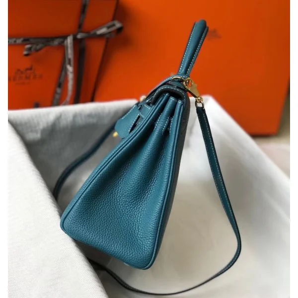 Hermes Kelly 32cm Bag In Blue Jean Clemence Leather GHW - Image 2