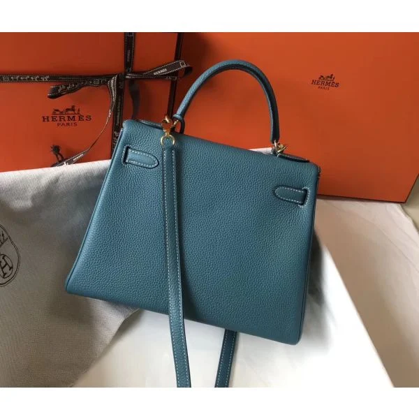 Hermes Kelly 32cm Bag In Blue Jean Clemence Leather GHW - Image 5