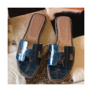 Hermes Oran Sandals In Blue Shiny Niloticus Crocodile