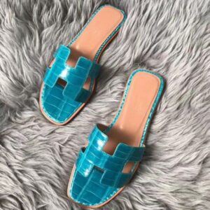 Hermes Oran Sandals In Blue Paon Shiny Niloticus Crocodile