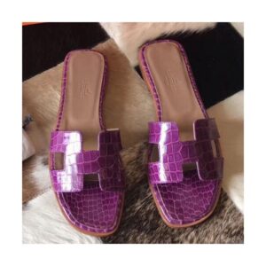 Hermes Oran Sandals In Purple Shiny Niloticus Crocodile