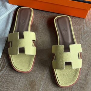 Hermes Oran Slide Sandals in Jaune Poussin Epsom Calfskin