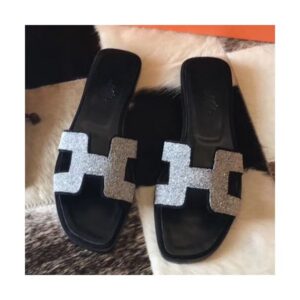 Hermes Oran Sandals In Black Suede With Crystal