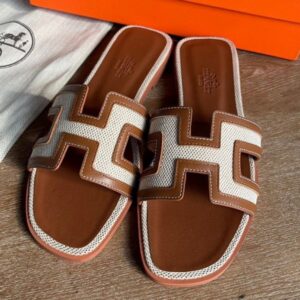 Hermes Oran Slide Sandals in Gold Swift Calfskin with Canvas